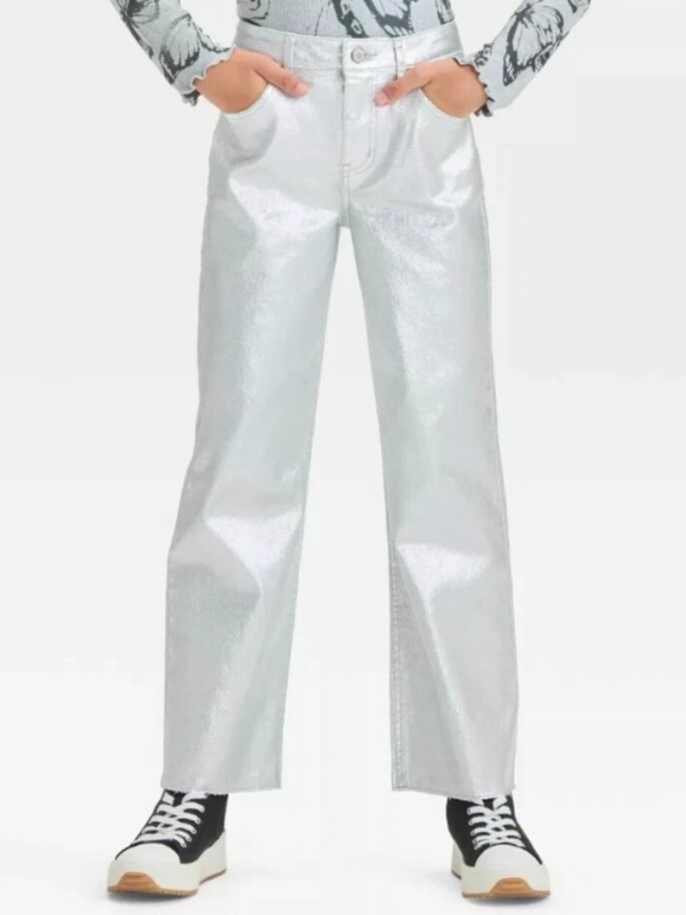 NWOT High-Rise Baggy Metallic Wide Leg Denim Pant Silver Gray Art Class Sz: 12